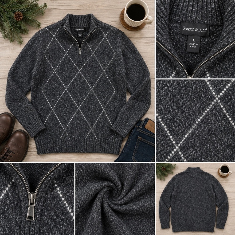 Grayson & Dunn Quarter Zip Sweater Mens L Gray Excellent Argyle Merino Cashmere